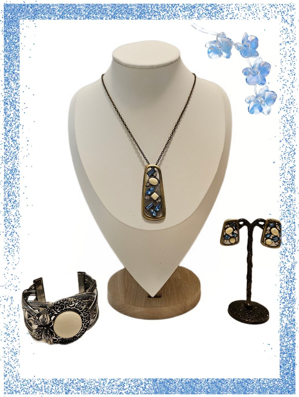 Blue Rhinestone & Cream Cabochon Jewelry Set In Brass Tone